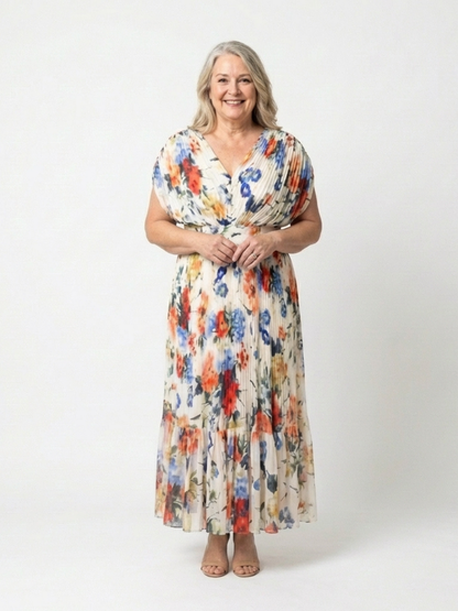 Savannah | Kurzärmeliges plissiertes Midi-Kleid mit Blumenmuster