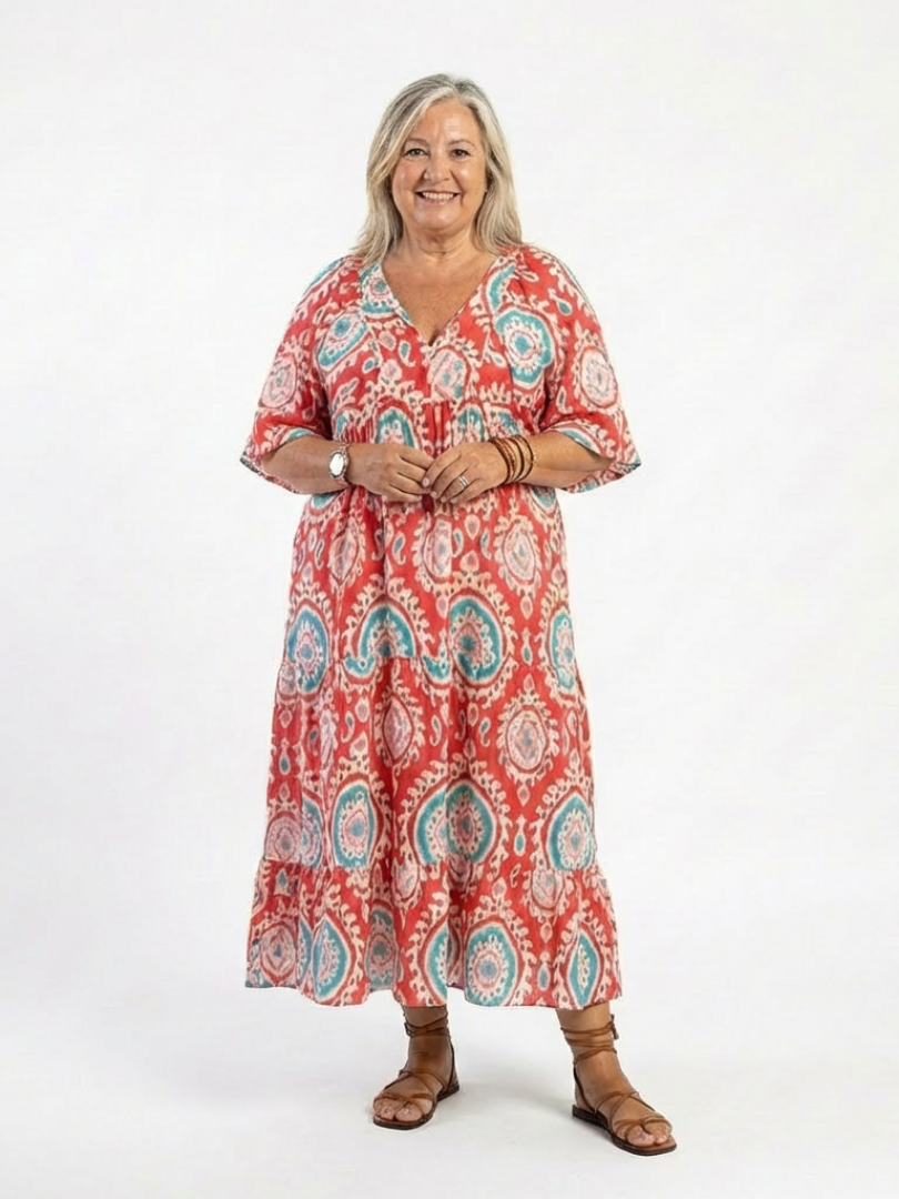 Zaria | Midi-Kleid mit V-Ausschnitt, kurzen Ärmeln und Paisley-Print