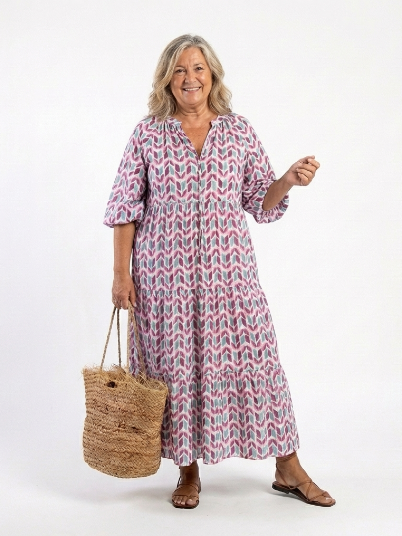 Mireya | Midi-Kleid mit geometrischem Druck und langen Ärmeln mit Stufen