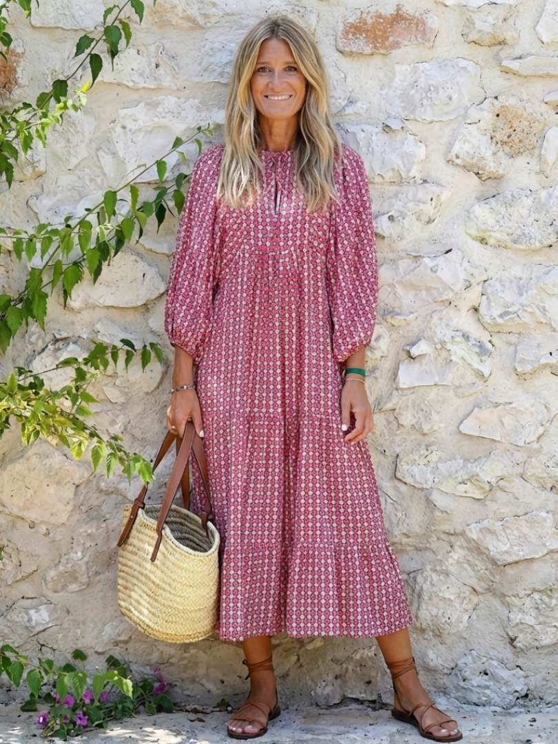 Arlette | Geometrisch bedrucktes langärmliges Midikleid