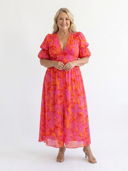 Willow | Geblümtes Midi-Kleid mit V-Ausschnitt und Puffärmeln