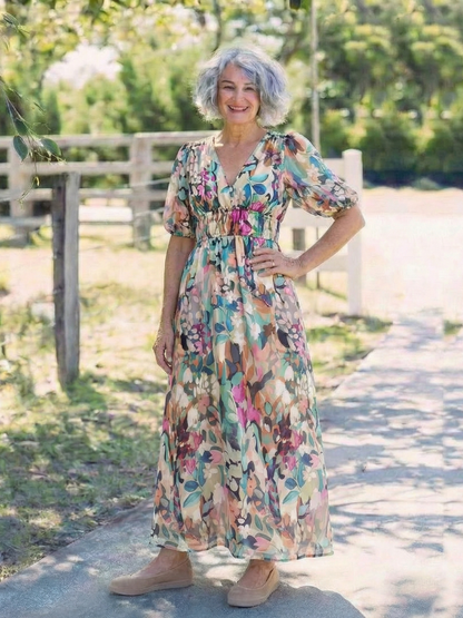 Eulalie | V-Ausschnitt, kurze Ärmel, geraffte Taille, Midikleid