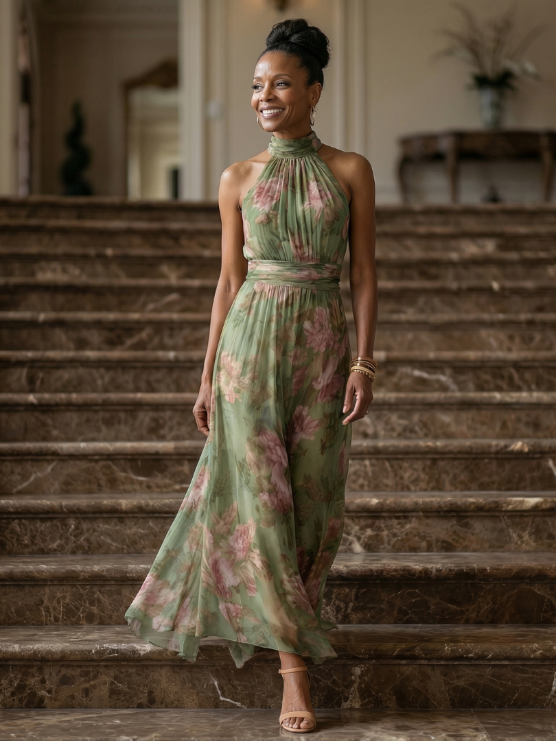 Mirelle | Gerafftes Neckholder-Midikleid