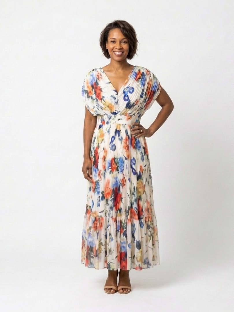 Savannah | Kurzärmeliges plissiertes Midi-Kleid mit Blumenmuster
