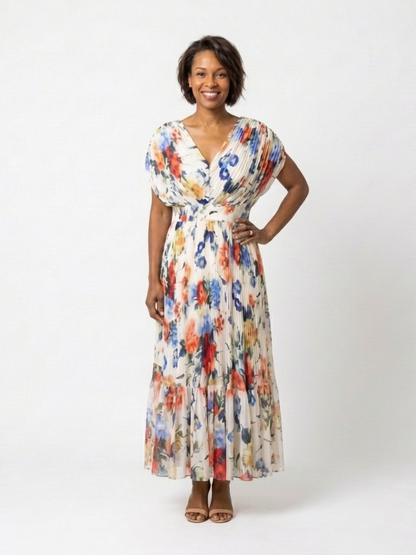 Savannah | Kurzärmeliges plissiertes Midi-Kleid mit Blumenmuster