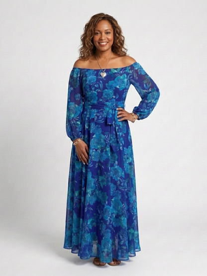 Aspen | Schulterfreies geblümtes Maxikleid