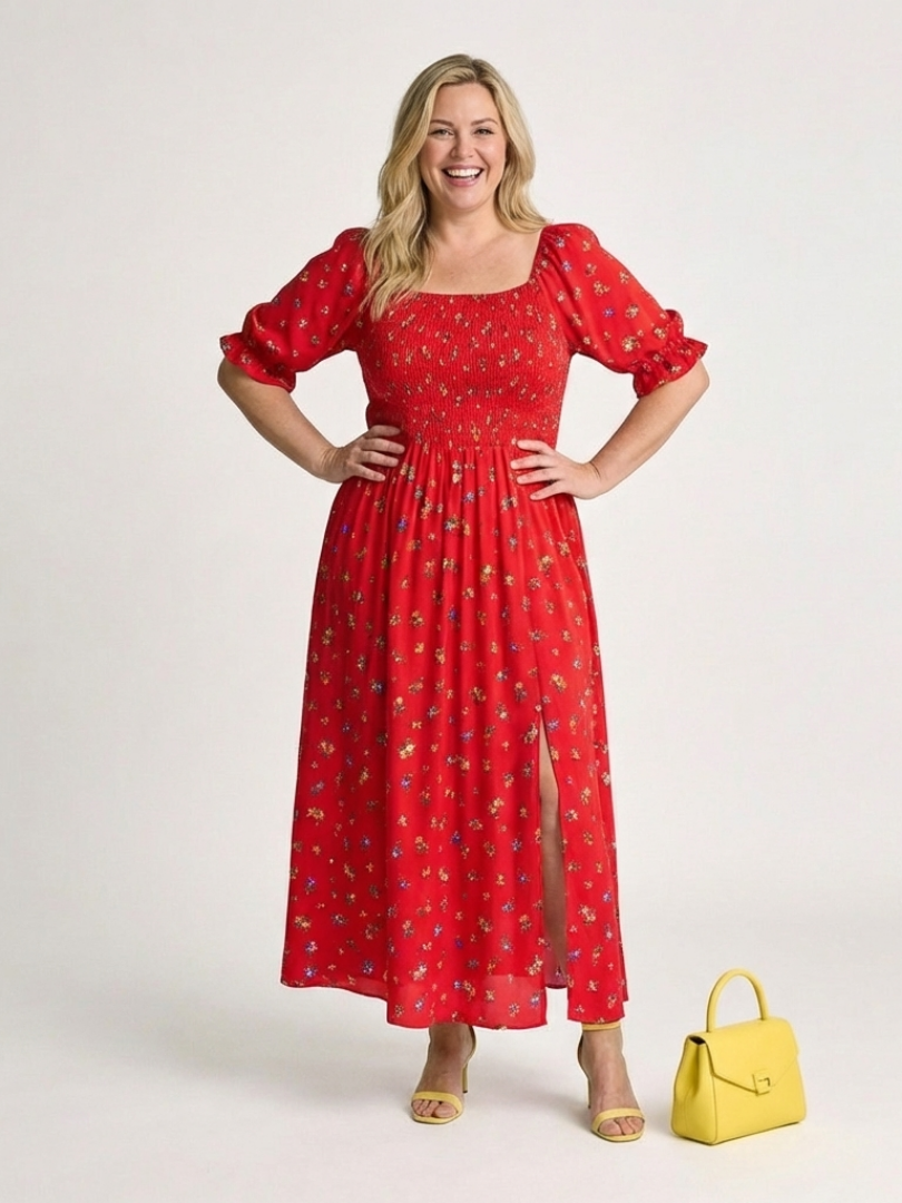 Delphine | Midi-Kleid mit eckigem Ausschnitt, floralem Muster und Puffärmeln