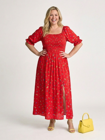 Delphine | Midi-Kleid mit eckigem Ausschnitt, floralem Muster und Puffärmeln