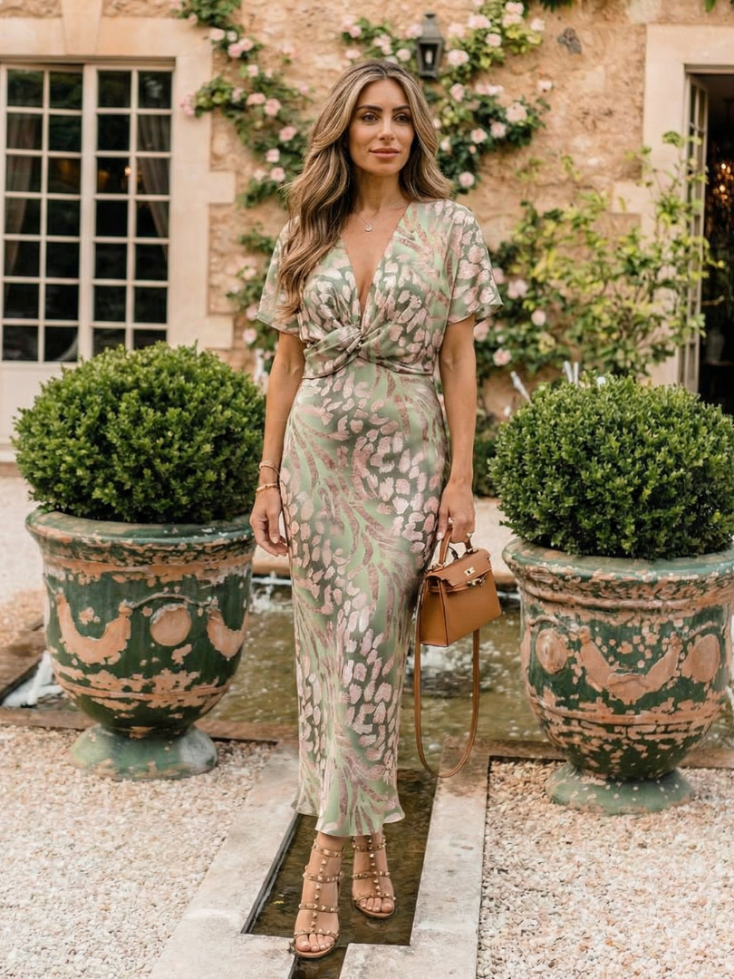 Coralie | Abstrakt bedrucktes Midi-Kleid mit V-Ausschnitt und Taillen-Twist