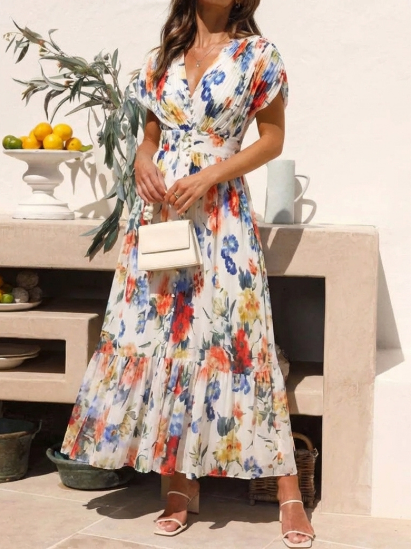 Savannah | Kurzärmeliges plissiertes Midi-Kleid mit Blumenmuster
