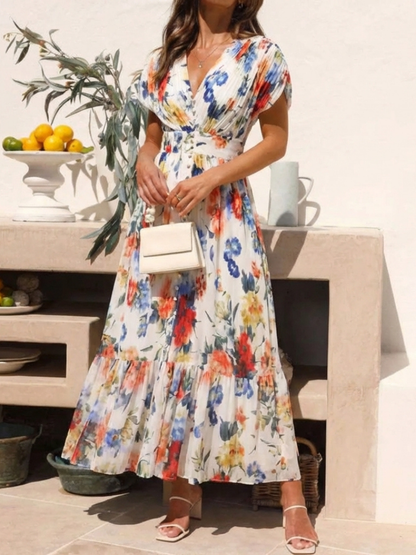 Savannah | Kurzärmeliges plissiertes Midi-Kleid mit Blumenmuster