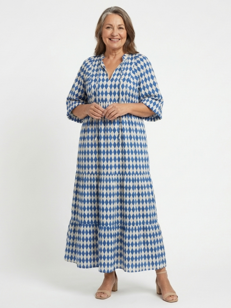 Elodie | Midi-Kleid mit Stufenrock und Rautenmuster