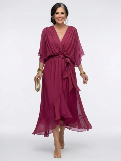 Elysia | V-Ausschnitt Midi-Kleid mit drapiertem Bindegürtel