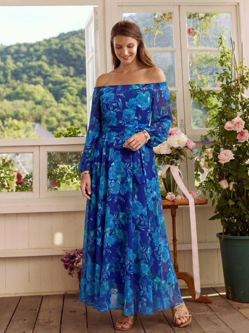 Aspen | Schulterfreies geblümtes Maxikleid