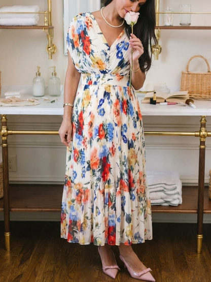 Savannah | Kurzärmeliges plissiertes Midi-Kleid mit Blumenmuster