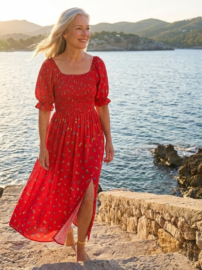 Delphine | Midi-Kleid mit eckigem Ausschnitt, floralem Muster und Puffärmeln