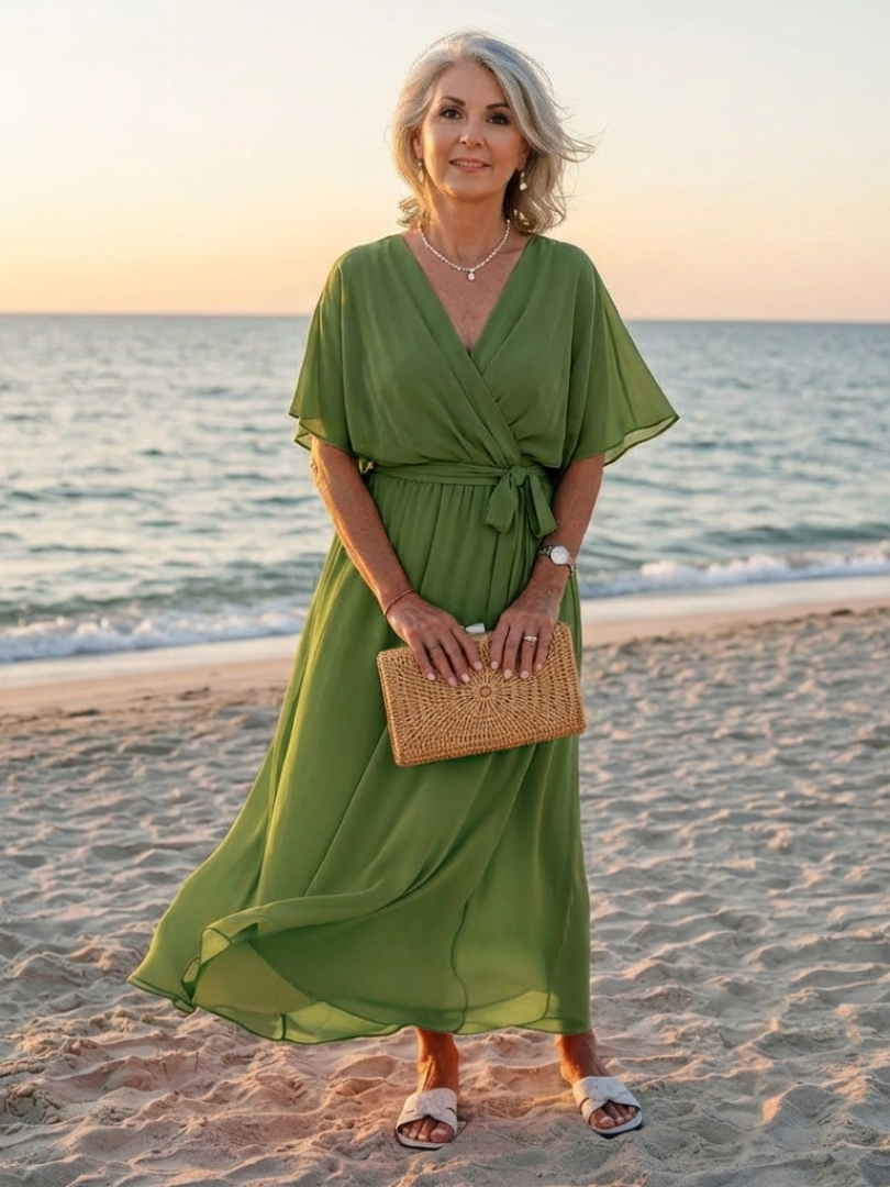 Elysia | V-Ausschnitt Midi-Kleid mit drapiertem Bindegürtel
