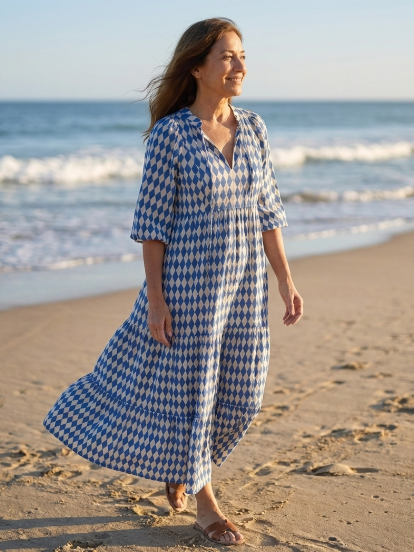 Elodie | Midi-Kleid mit Stufenrock und Rautenmuster
