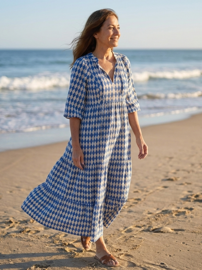 Elodie | Midi-Kleid mit Stufenrock und Rautenmuster