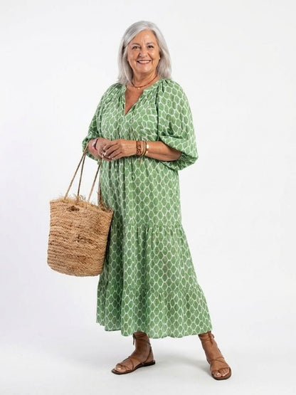 Apolline | Midi-Kleid mit V-Ausschnitt, gemustert und Dreiviertelärmeln