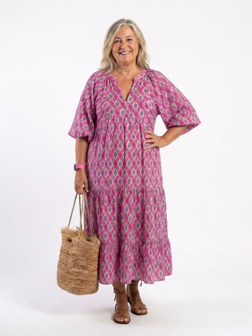 Apolline | Midi-Kleid mit V-Ausschnitt, gemustert und Dreiviertelärmeln