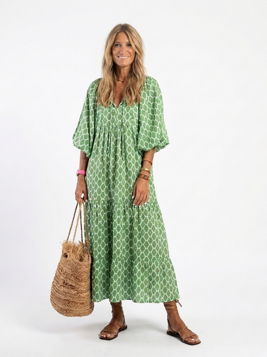 Apolline | Midi-Kleid mit V-Ausschnitt, gemustert und Dreiviertelärmeln