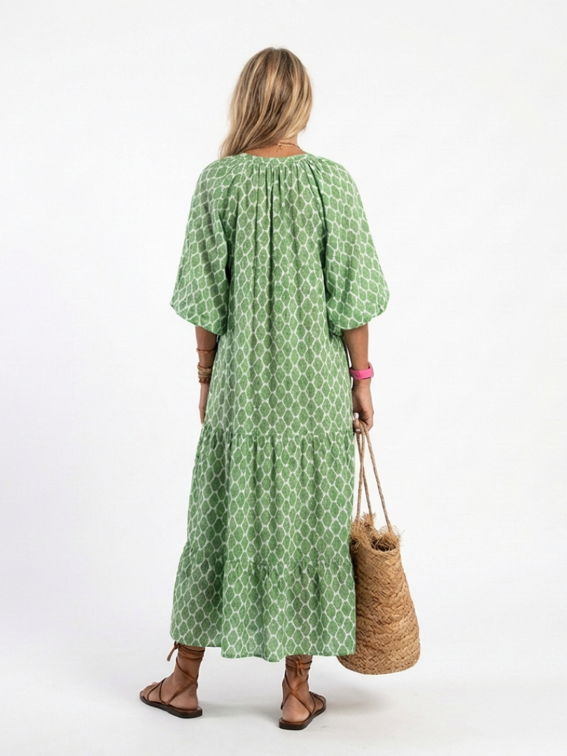 Apolline | Midi-Kleid mit V-Ausschnitt, gemustert und Dreiviertelärmeln