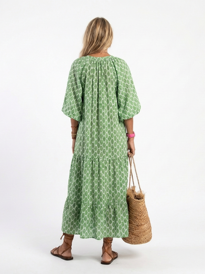 Apolline | Midi-Kleid mit V-Ausschnitt, gemustert und Dreiviertelärmeln