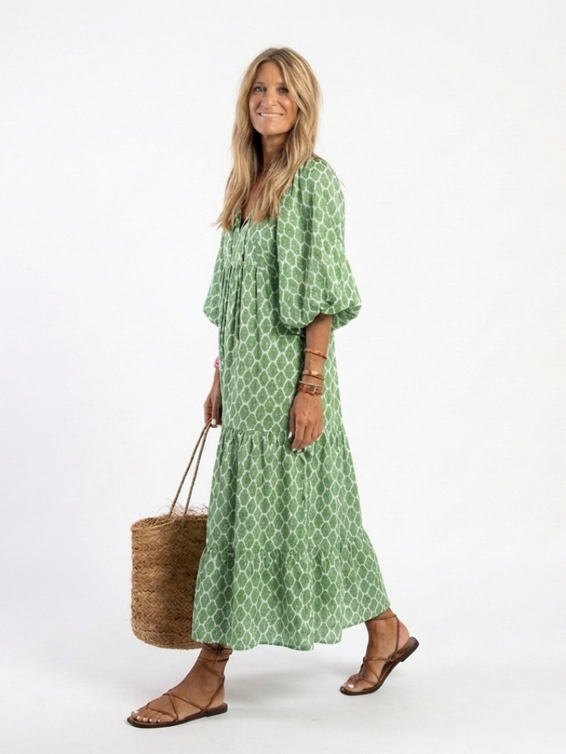 Apolline | Midi-Kleid mit V-Ausschnitt, gemustert und Dreiviertelärmeln