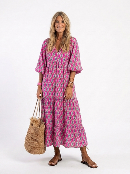 Apolline | Midi-Kleid mit V-Ausschnitt, gemustert und Dreiviertelärmeln
