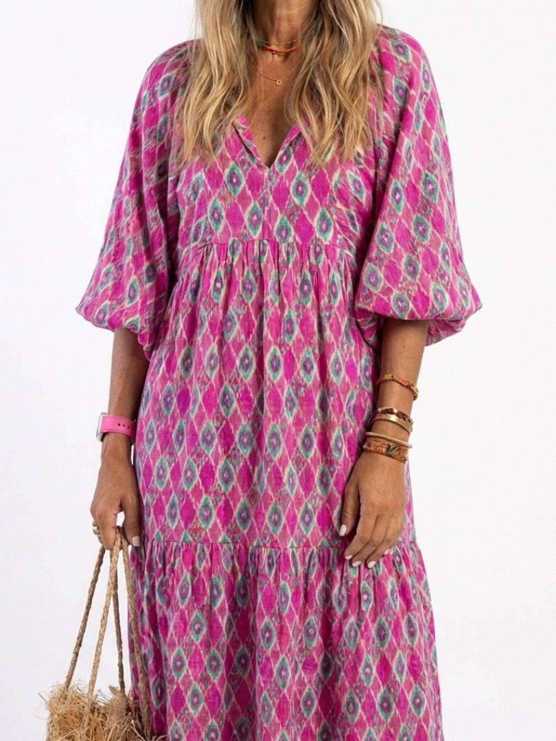 Apolline | Midi-Kleid mit V-Ausschnitt, gemustert und Dreiviertelärmeln