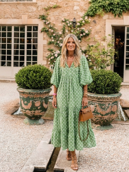 Apolline | Midi-Kleid mit V-Ausschnitt, gemustert und Dreiviertelärmeln