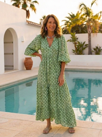 Apolline | Midi-Kleid mit V-Ausschnitt, gemustert und Dreiviertelärmeln