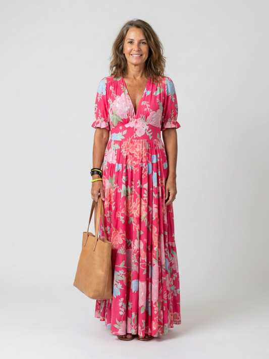 Marguerite | Midi-Kleid mit V-Ausschnitt, geraffter Taille und Blumenmuster, Kurzarm