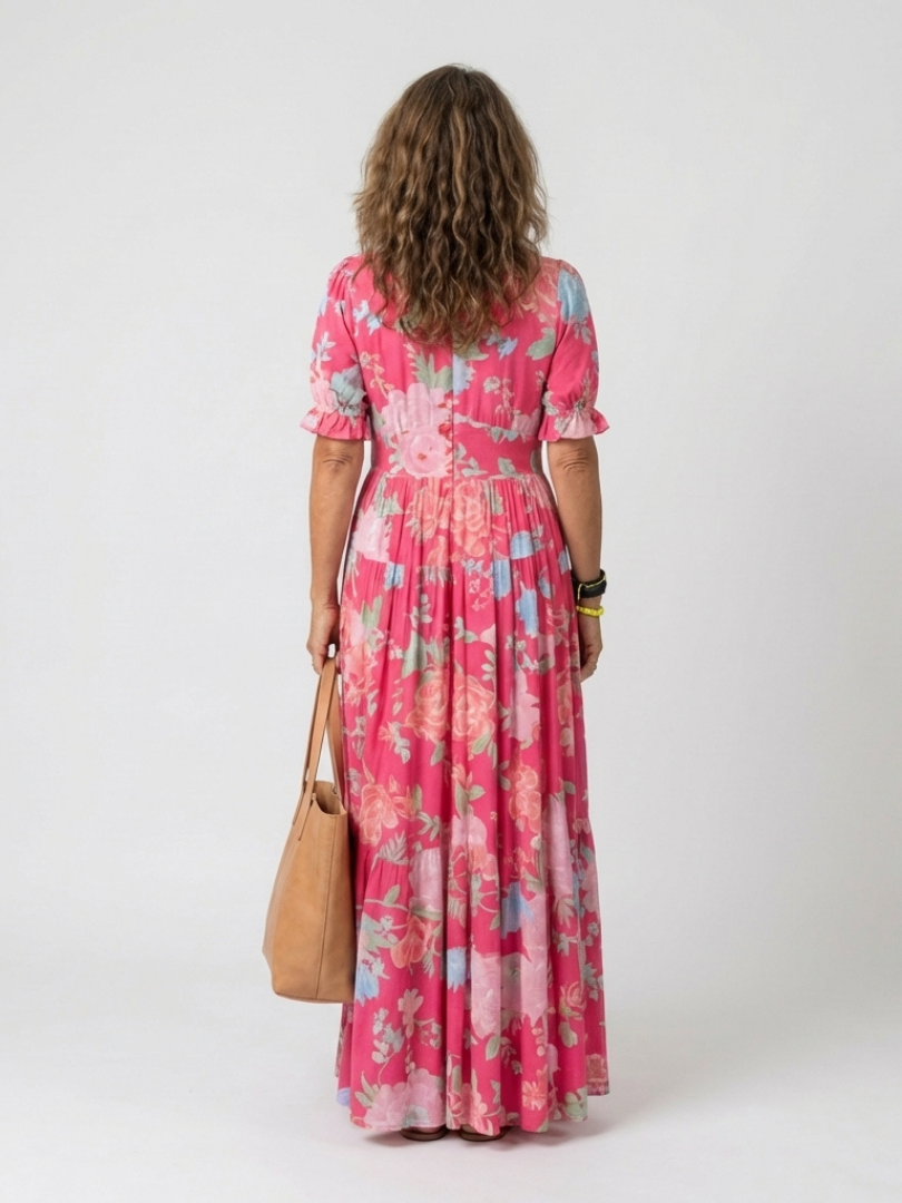 Marguerite | Midi-Kleid mit V-Ausschnitt, geraffter Taille und Blumenmuster, Kurzarm