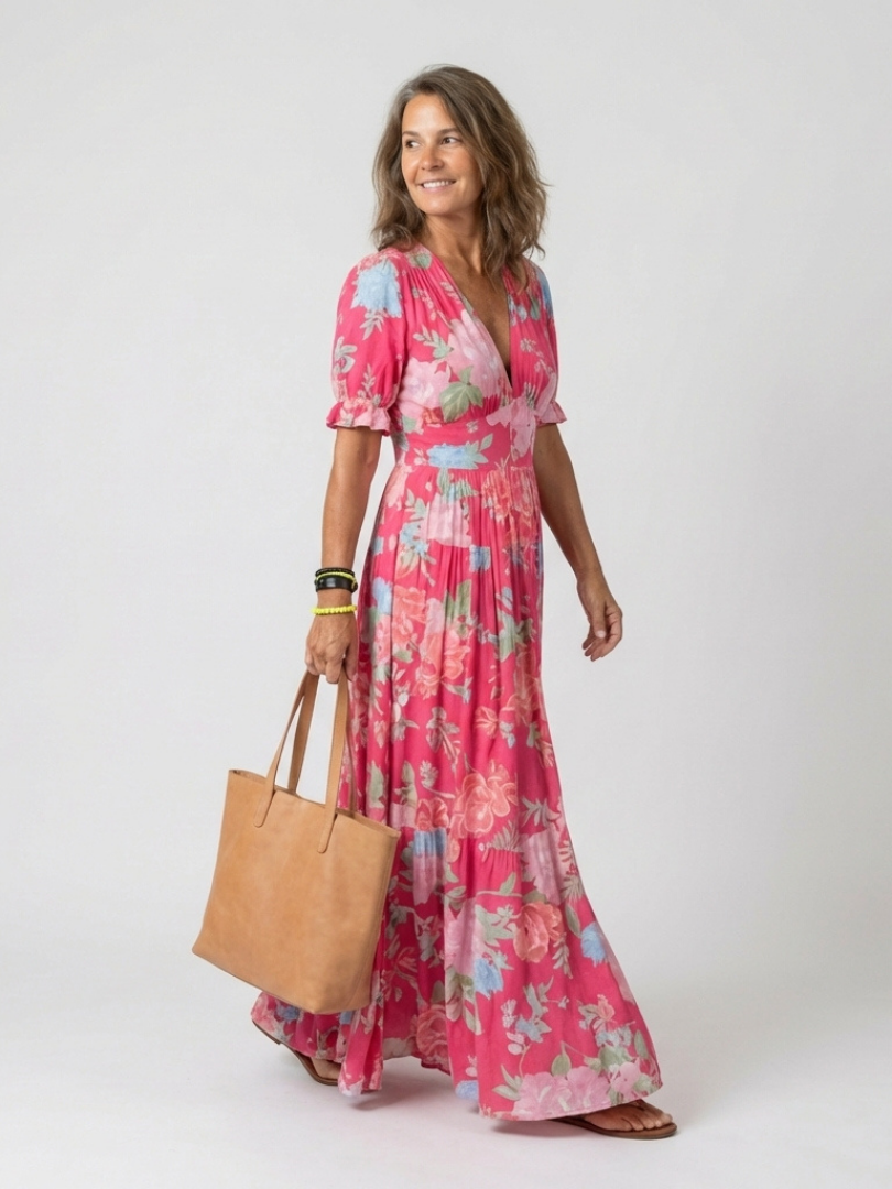 Marguerite | Midi-Kleid mit V-Ausschnitt, geraffter Taille und Blumenmuster, Kurzarm