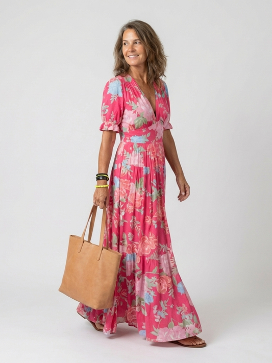 Marguerite | Midi-Kleid mit V-Ausschnitt, geraffter Taille und Blumenmuster, Kurzarm