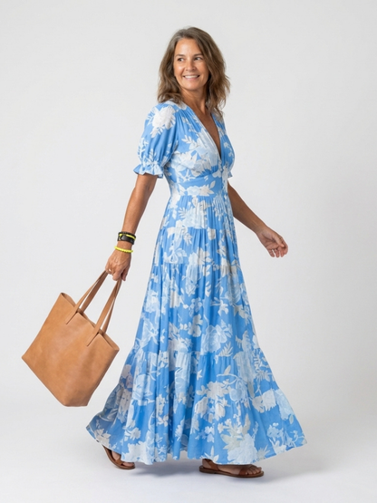 Marguerite | Midi-Kleid mit V-Ausschnitt, geraffter Taille und Blumenmuster, Kurzarm