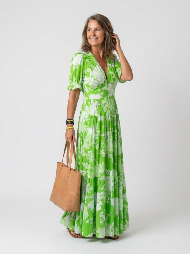 Marguerite | Midi-Kleid mit V-Ausschnitt, geraffter Taille und Blumenmuster, Kurzarm