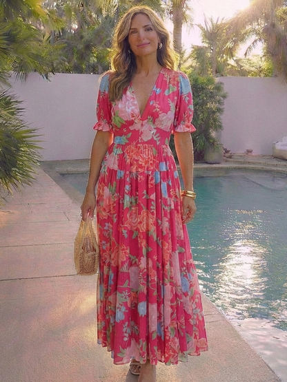 Marguerite | Midi-Kleid mit V-Ausschnitt, geraffter Taille und Blumenmuster, Kurzarm