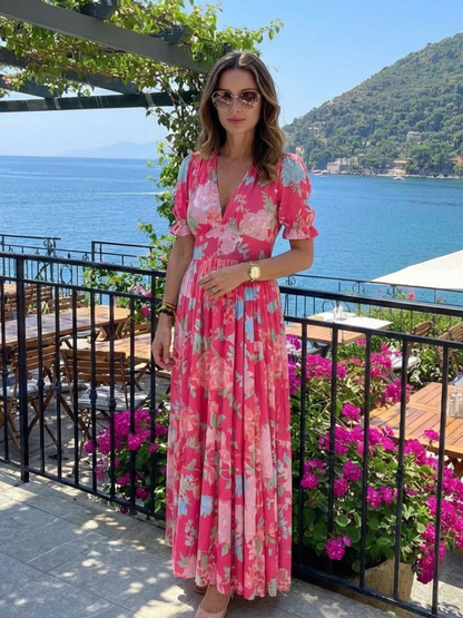 Marguerite | Midi-Kleid mit V-Ausschnitt, geraffter Taille und Blumenmuster, Kurzarm