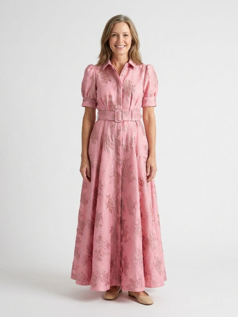 Xanthea | Maxi-Hemdblusenkleid mit kurzen Ärmeln, Gürtel und Blumenstruktur