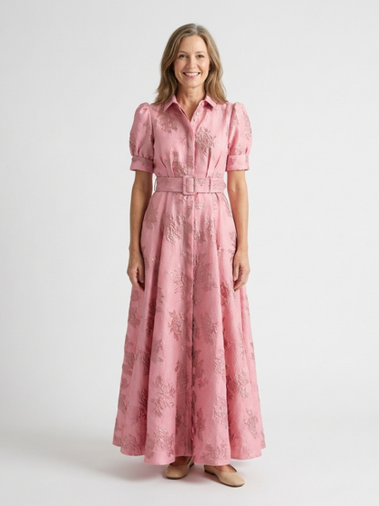 Xanthea | Maxi-Hemdblusenkleid mit kurzen Ärmeln, Gürtel und Blumenstruktur