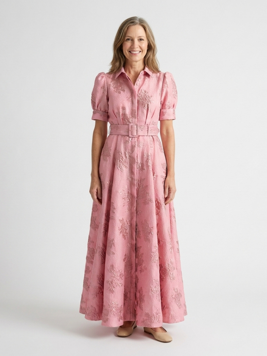 Xanthea | Maxi-Hemdblusenkleid mit kurzen Ärmeln, Gürtel und Blumenstruktur