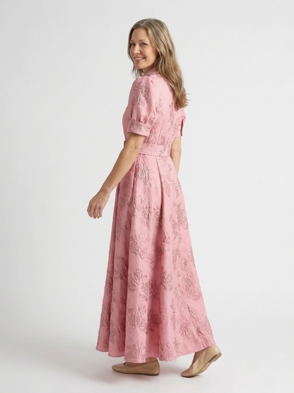 Xanthea | Maxi-Hemdblusenkleid mit kurzen Ärmeln, Gürtel und Blumenstruktur