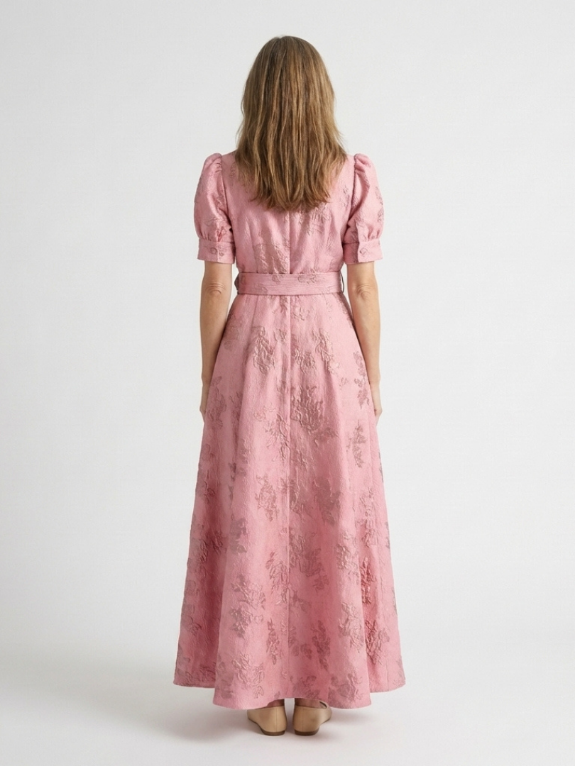Xanthea | Maxi-Hemdblusenkleid mit kurzen Ärmeln, Gürtel und Blumenstruktur