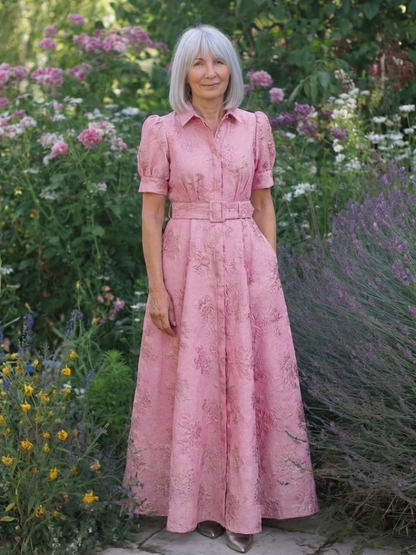 Xanthea | Maxi-Hemdblusenkleid mit kurzen Ärmeln, Gürtel und Blumenstruktur