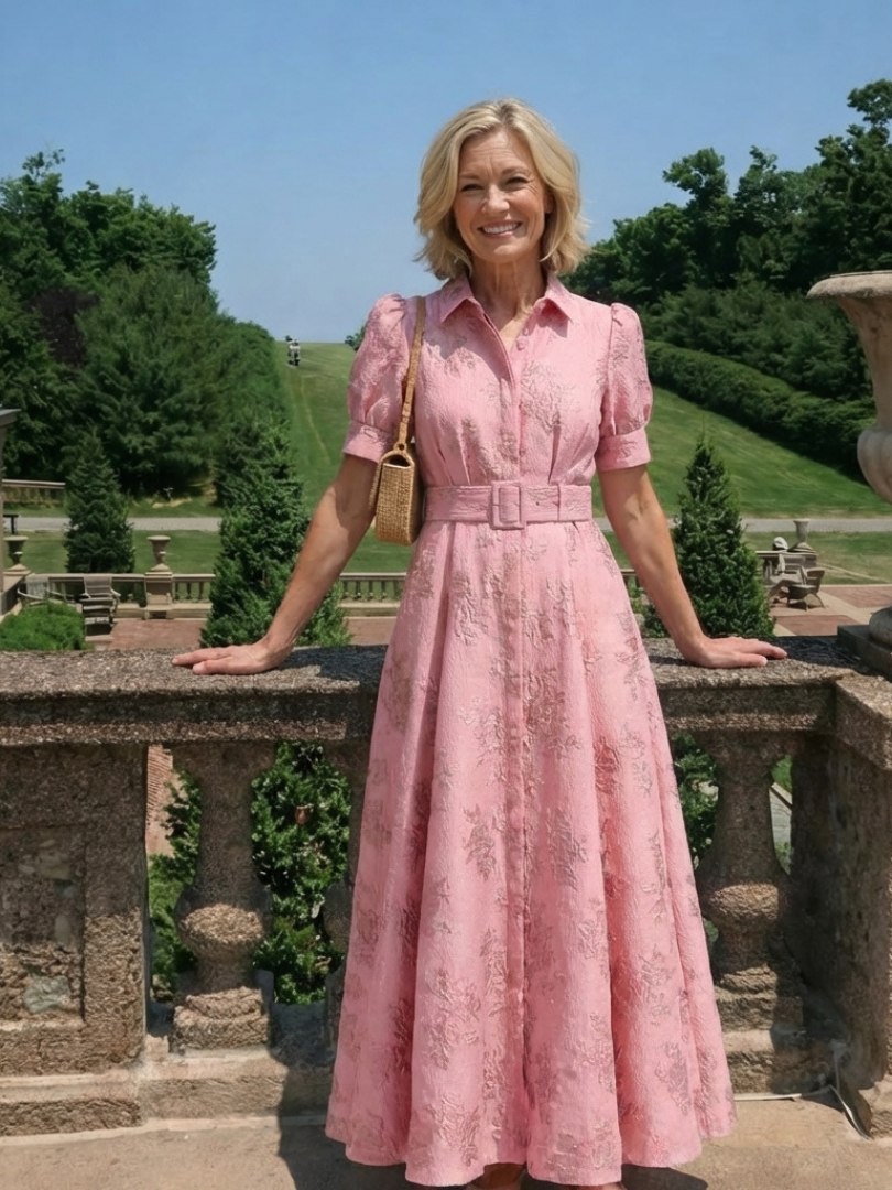Xanthea | Maxi-Hemdblusenkleid mit kurzen Ärmeln, Gürtel und Blumenstruktur