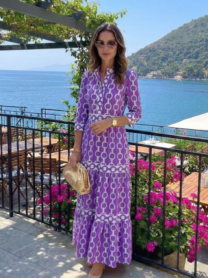 Ysolde | Midi-Kleid mit Dreiviertelärmeln und Kettenmuster