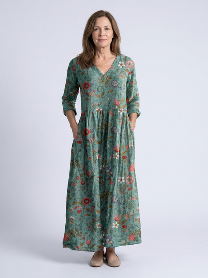Marina | Geblümtes Maxikleid mit V-Ausschnitt und Dreiviertelärmeln